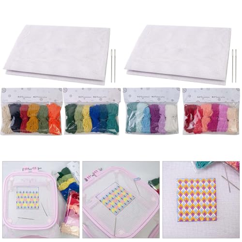 Kangnice 14CT Canvas Sheets with Yarn Meshes Sheets Needle Point Canvas Crosses Stitching Meshes Needlepoint Set for Crocheting