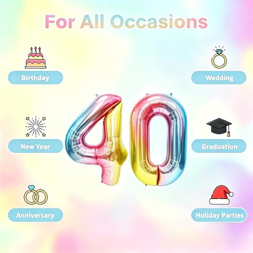Image of Rainbow Number Balloons Birthday Balloons - Giant Number 40 Balloon 40 inch, Numbers Balloon Birthday Decorations, Rainbow Party Supplies for Baby Shower