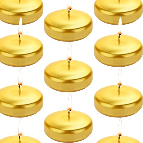Floating Candles 3 inch Unscented and Non-Dripless Wax Burning for 13-15 Hours, 12 Pack Gold Floating Candles Used for Cylindrical Vases, Centerpieces at Parties Wedding and Home Decorations