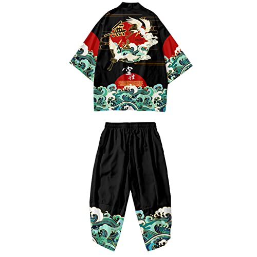 Image of DOSLAVIDA Men's Japanese Kimono Cardigan Suit Chinese Style Printed Jacket Pants Set Open Front Seven Sleeve Top & Shorts