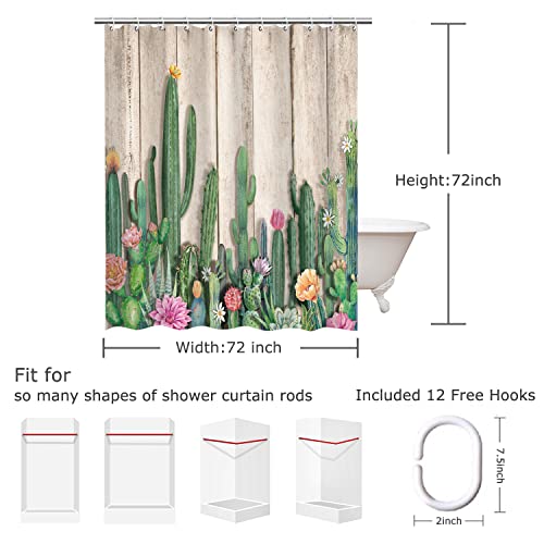 RosieLily Cactus Shower Curtain, Succulent Shower Curtain, Southwest Plant Tropical Desert Style Shower Curtain Set 72Wx72H Inch Shower Curtains with 12 Hooks Wooden Board Bathroom Decor
