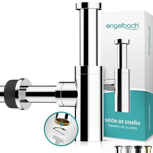 Engelbach® Sifón diseño para lavabo 1 1/4' con apertura limpieza - Desagüe universal con junta de goma e instrucciones - Cromado