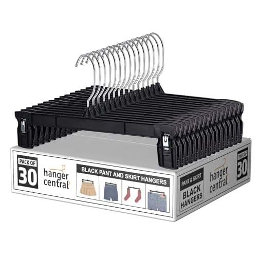 Hanger Central 30 Pack Pants Hangers – 12 Inch Slim Plastic Clothes Hangers with Clips for Skirts, Shorts & Trousers – Non Slip Grip, Heavy Duty Space Saver with Swivel Hook – Black Closet Organizer