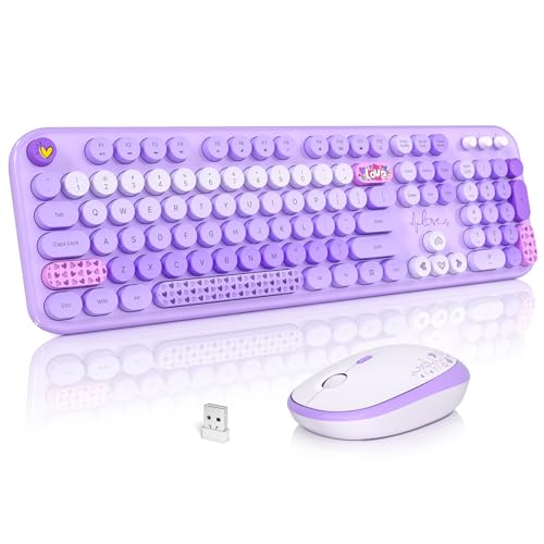Image of Wireless Keyboard and Mouse, Typewriter Full Size Keyboard with Number Pad and 2 in 1 USB Connected Mouse for Windows 7 /8 /10, Laptop, Desktop, PC, Computer (Purple Colorful)