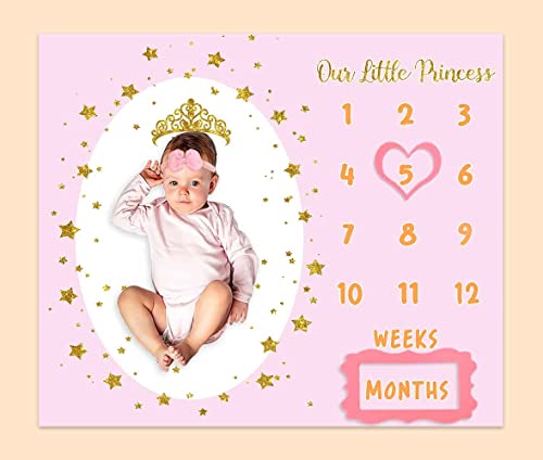 Image of Monthly Milestone Blanket for Baby Girl, 48 inchx40 inch Soft Flannel Pink Princess Memory Growth Blanket, Photography Backdrop Prop for Newborn Baby Shower, 1 to 12 Months Include Marks BTLSPH819