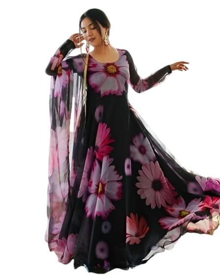 Womens Digital Floral Print Fox Georgette Maxi Dress Ethnic Wear Comfortable Round Neck Gown with Dupatta Pair (O_M_G_56168)-image-47