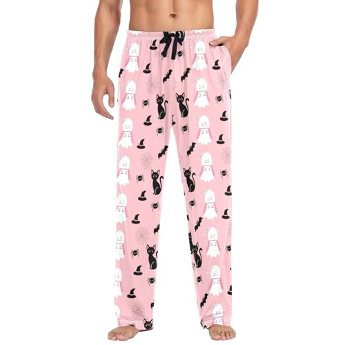 Bats Spirits and Cats Men's Cotton Pajama Pants with Pockets and Drawstring Comfortable and Stylish,S