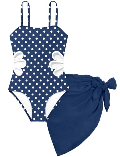 Image of Girls Swimsuit Adjustable Straps Cut Out One Piece Bathing Suit with Solid Color Cover Up Skirt Girls' Swimwear 5-16Y
