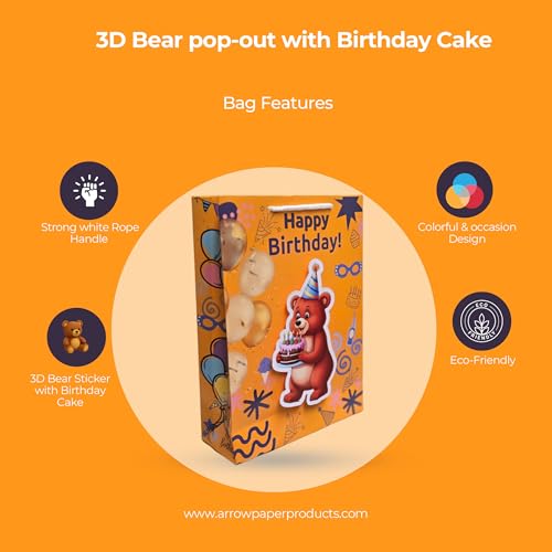 Image of TASCHE 3D Bear pop up Gift Bags for Return Gifts | Pop-Out Paper Bags for Kids Birthday, Baby Shower, Party Favors | 11x8x3 Inches (BALLOON BUDDY, Pack Of 60)