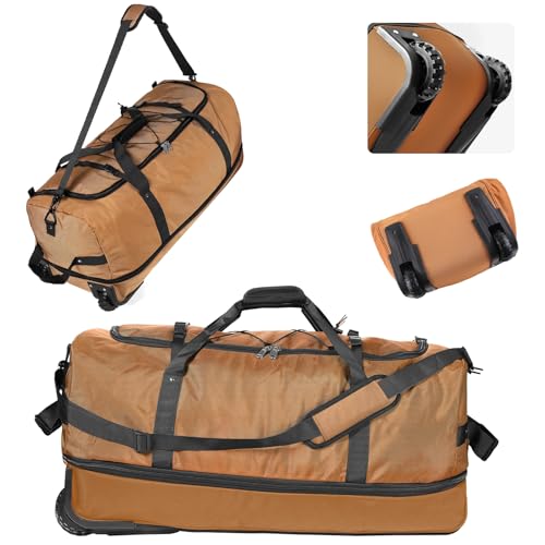 YHYEH Faltbare Reisetasche mit 2 Rädern,PVC Wasserdicht,110L-140L Erweiterbar,Ohne Teleskopstange,Leicht & Robust für Zug,Au to,Schiffsreisen,Braun
