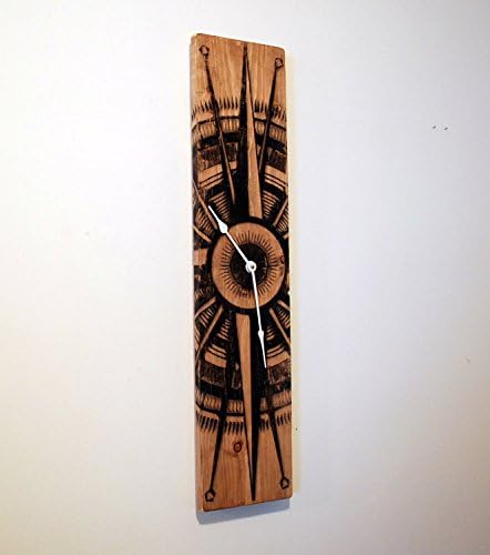 Large Wood Wall Clock with Compass Rose on Stained Distressed Solid Pine 32" x 8"