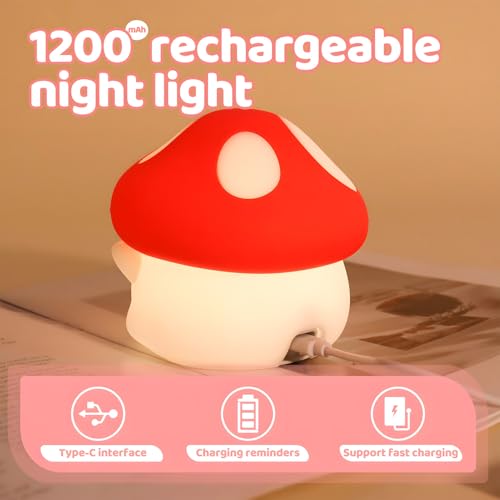 Image of Mushroom Night Light, Squishy Silicone Lamp for Kids, Tap Control, 2 Brightness Levels, 50H Battery, Auto Timer, Bedside Nursery Desk Decor