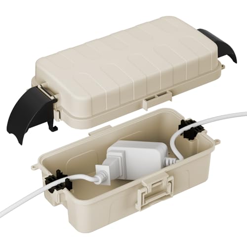 Flemoon IP55アウトドア用電気ボックス 雨よけカバー付き防水タイプ、8.3 x 4.1 x 3.7インチ ウェザー保護延長コードカバー、アウトドアプラグ、コンセント、ストリングライト簡単設置、アーモンド色