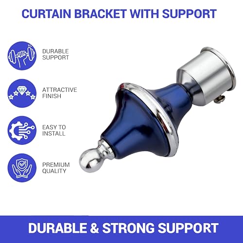 Image of Stainless Steel & ABS Curtain Bracket Parda Holder with Support 1 Inch Rod Pocket Finials Designer Door and Window Rod Support Fittings, Curtain Rod Holder (Pack of 1 Pair, Blue)