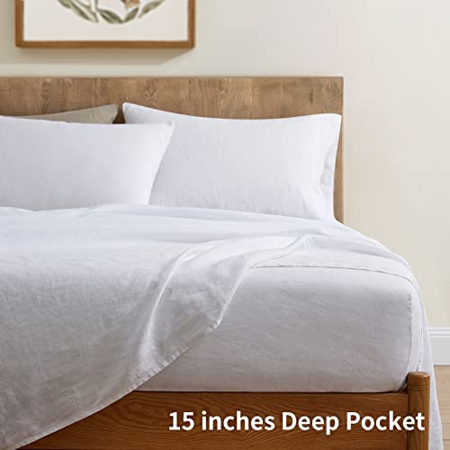 Image of ATLINIA 100% Pure Flax Linen Bedding Set - Stone Washed French Linen Fabric Deep Pocket Fitted Sheet Farmhouse Flat Sheet 2 Pillowcases (White, Full)