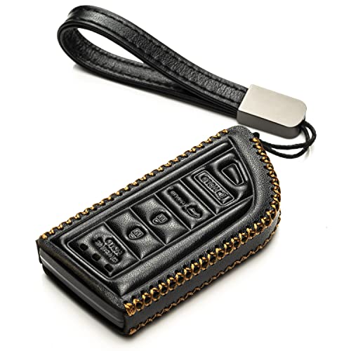 Image of Vitodeco Genuine Leather Smart Key Fob Case with Leather Key Strap Compatible for Acura MDX, RDX, ADX, TLX, INTEGRA - 5-Button, Black