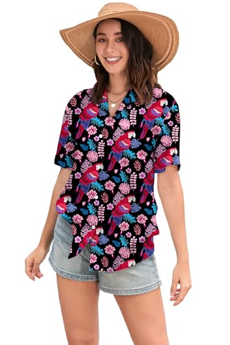 Image of SANGTREE Girls & Women's Hawaiian Shirts Button Down Short Sleeve Floral Tropical Shirt Beach Vacation Blouse Tops