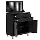 GarveeHome Rolling Tool Cabinet, Heavy Duty Steel Garage Storage Cabinet with 2 Drawers, Pegboard & 4 Wheels, Lockable Tool Cart Workbench for Workshop, Warehouse