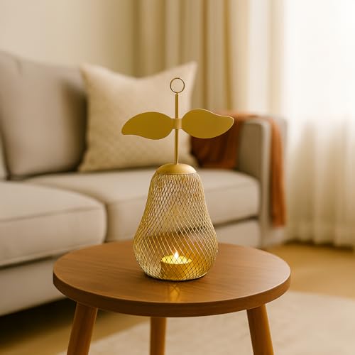 Image of MARKET 99 Metal Pear T- Lite Holder - Golden | Elegant Home Decor for Diwali, Christmas, Birthday, and Wedding | Decorative Candle Holder for Ideal for Festive & Ambient Lighting| Golden