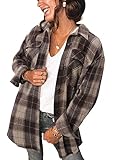Picture of Women's Brushed Plaid Shirts Long Sleeve Flannel Lapel Button Down Cardigan Boyfriend Shacket Jacket Coats, E-light Coffee, X-Large