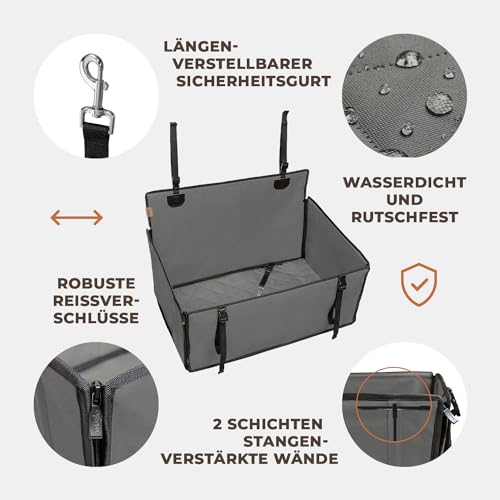 Wuglo Extra Stabiler Hunde Autositz mit Sicherheitsgurt – Wasserdichter und Robuster Autositz Hund für den Rücksitz mit 4 Befestigungsgurten, geeignet für große Hunde bis 26 kg