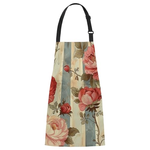 Aglebo Rose Vintage Vertical Stripe Chef Apron with Pockets Adjustable Shoulder Strap Waterproof Cooking Apron for Kitchen Baking Gardening Pottery Painting