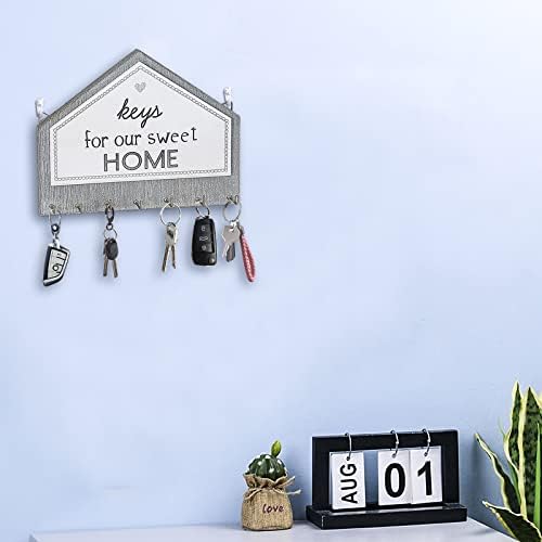 Echehi 7 Hooks Wooden Key Holder, Self Adhesive or Drilling 2 Ways Installation Key Rack, Key Hooks Wall Mounted, Key Holder for The Home(Grey)