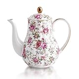 Agyiuns Tea Pot, Porcelain Teapot 37oz,tea pots for tea party,Tea Infuser Pots for Blooming loose Leaf Tea (White with flower)