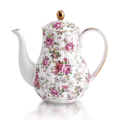 Agyiuns Tea Pot, Porcelain Teapot 37oz,tea pots for tea party,Tea Infuser Pots for Blooming loose Leaf Tea (White with flower)