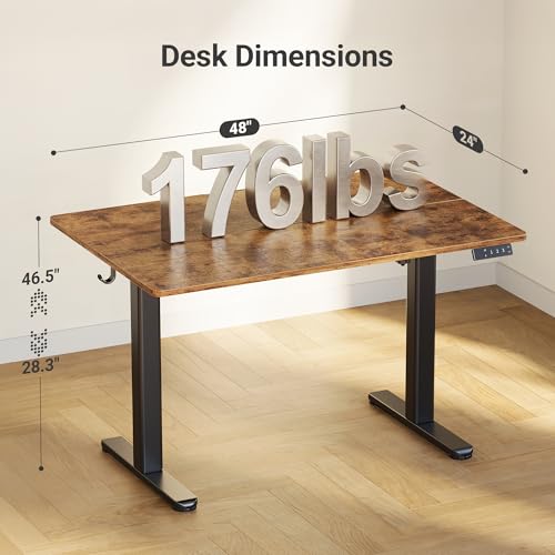 Claiks Electric Standing Desk, Adjustable Height Stand up Desk, 24x48 Inches Sit Stand Home Office Desk with Splice Board, Black Frame/Rustic Brown Top