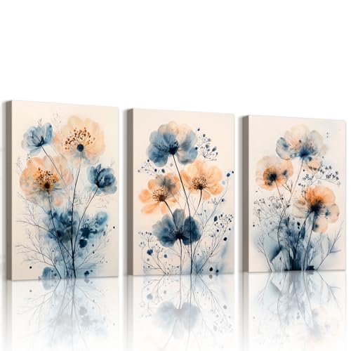 WENGTIAO 3 Pezzi Stampa su Tela Acquerello Blu Floreale Con Cornice Quadro su Tela Moderne Astratte Fiori Blu Arancione Pittura Quadro Moderno Soggiorno Camera da Letto Decorazioni Parete 30x40cmx3