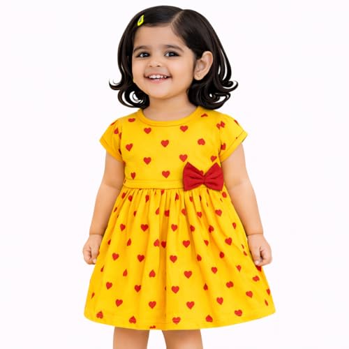 Image of babeezworld Kids Girl Heart Print Frock Dress with Bow | Cute Short Sleeve Summer Dress for Baby Girls Casual Party Outfit (1-5 Years)