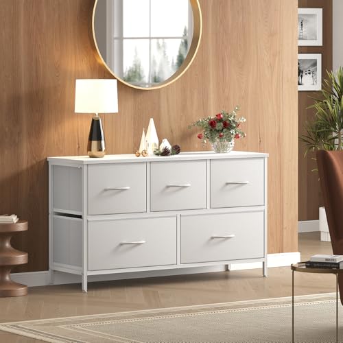 Image of OLIXIS White Dresser for Bedroom, Wide Chest of Drawers for Clothes Storage | Fabric Bedroom Dresser with 5 Drawers, Storage Organizer Unit with Fabric Bins, Wooden Top, Living Room