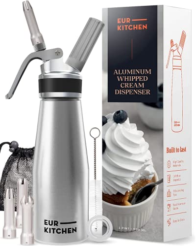 Comparison: Best Whipped Cream Dispensers 3 EurKitchen Professional Aluminum Whipped Cream Dispenser - Leak-Free Whip Cream Maker Canister with 3 Decorating Nozzles & Cleaning Brush - 1-Pint / 500 mL Cream Whipper - N2O Chargers (Not Included)
