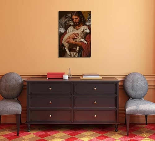 Jesus and Lamb Canvas Wall Art Jesus Saves the Lost Lamb Painting Picture Wall Decor Christian Shepherd Religious Poster Print Artwork for Church Room Living Bedroom Office Home Decoration Framed