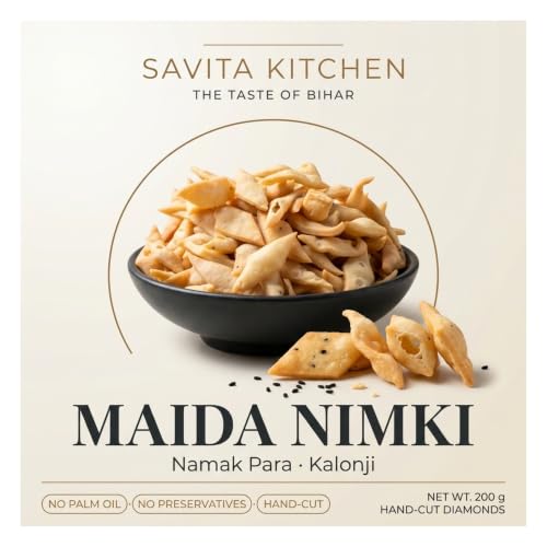 Image of Savita Kitchen Maida Nimki 200g | Namak Para with Kalonji | Crispy & Crunchy Bihari Namkeen Tea-Time Snack | Hand-Cut, No Palm Oil, No Preservatives | Try Pack Homemade Namakpara