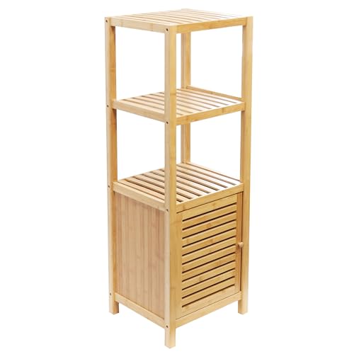 RoyalHouse Bamboo Storage Floor Cabinet, 3-Tier Shelving Unit with Shutter Door, Tower Cabinet for Bathroom, Bedroom, Living Room, Laundry Room, Kitchen.