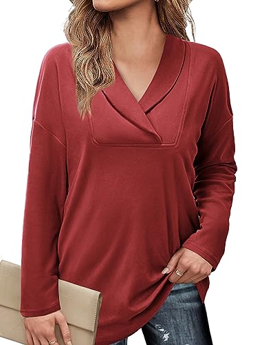 Image of Women's Long Sleeve Tops Fall Shawl Neck Tunic Tops for Leggings Casual Blouse Sweatshirt