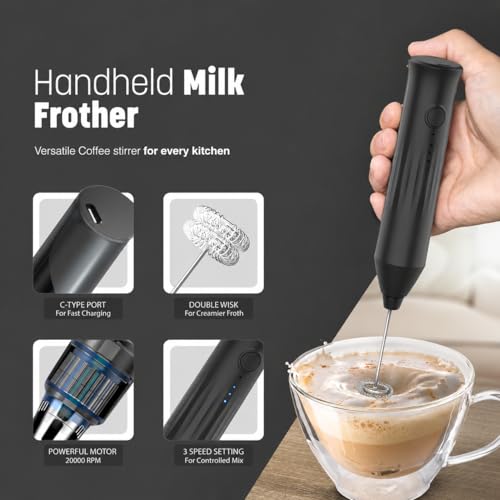 Image of PRIMESKY Coffee Frother Electric Blender Wand 3 Speed Modes Rechargable Mini Handheld Milk Frother with Stainless Steel Whisk Drink Mixer for Coffee Cappuccinos Matcha Gift - Black (2 in 1 Whisker)