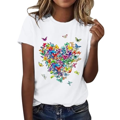 Tee Shirt Femme Coton T Shirts Blanc Imprimante Pas Cher T-Shirt À Manches Courtes Col Rond Tunique avec Motif Papillons Grande Taille Tops Chemises