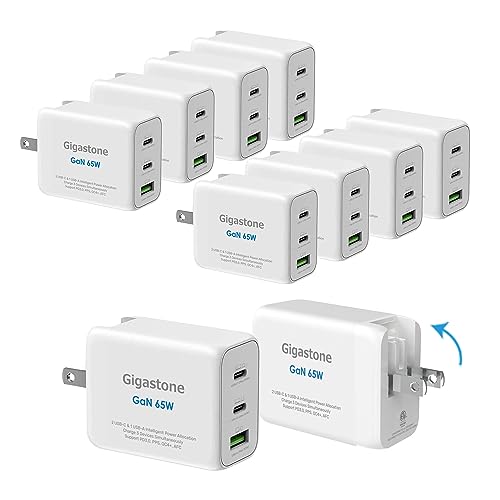 Gigastone 65W USB C GaN Charger [10-Pack] PD PPS Multiple Port Intelligent Power Allocation, Foldable Plug Travel, Full Speed GaN Charger MacBook Air/Pro Dell XPS iPad iPhone 14 13 12 Galaxy S20/S10