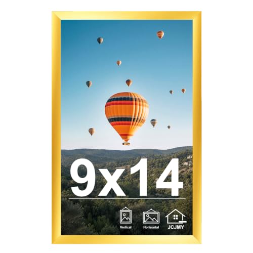 JCJMY 9x14 Picture Frame Gold for Wall Hanging, Wall Mounting Horizontally or Vertically, 9 x 14 Wall Gallery Poster Photo Frame with Shatter Resistant Plexiglass, Gold