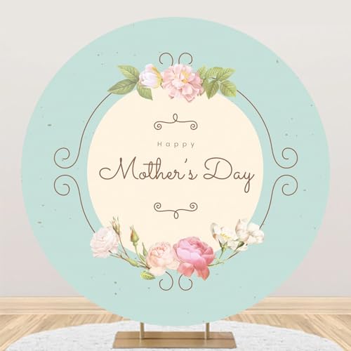 Renaiss 7ft Pink & Green Mother's Day Round Backdrop Cover with Rose Flowers