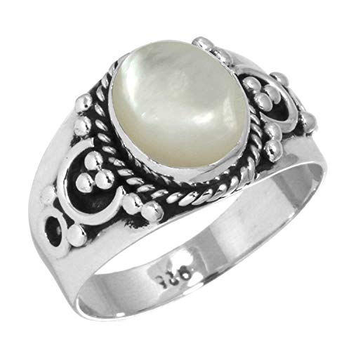 Jeweloporium Bague en argent sterling 925 avec nacre blanche, taille 49, bijou bohème en véritable pierre précieuse ovale.