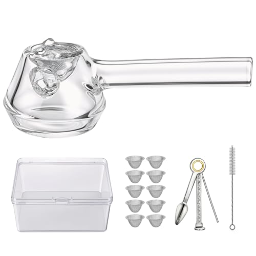 LIVBTS Glas pfeife in Kesselform 10 7 cm Hoch Borosilikatglas Pfeife mit 3-in-1 Werkzeug Reinigungsbürste 10 Filtern und Aufbewahrungsbox