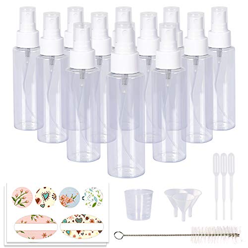 HWASHIN 12 Pack 3.4oz/100ml Clear Plastic Spray Bottles with White Fine Mist Sprayers for Essential Oils, Perfumes & Aromatherapy (Brush, Funnels, Droppers, Labels & 30ml Measuring Cup Included)