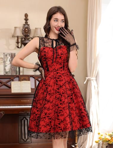 Image of Mesh Floral Embroidery Dress for Women Vintage Gothic Cocktail Dress Goth Mini Tulle Short Halloween Party Evening Prom Gown