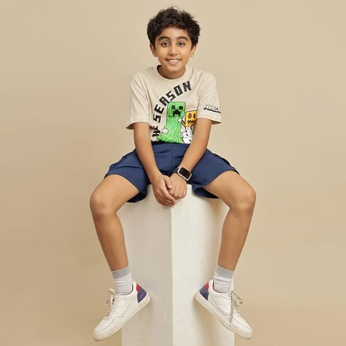 Image of Kidsville Official Minecraft Steve, Alex & Creeper Half Sleeves Round Neck Graphic Printed Regular Fit Pure Breathable Cotton Fabric Tshirt for Boys