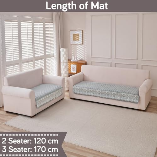 Image of HOKIPO 'BelleLace Series' Sofa Mat for 3 Seater and 2 Seater Sofa | Imperial Milk Velvet Sofa Cover with Lace Design | Cloud Grey (AR-5966+5964-LGRY)