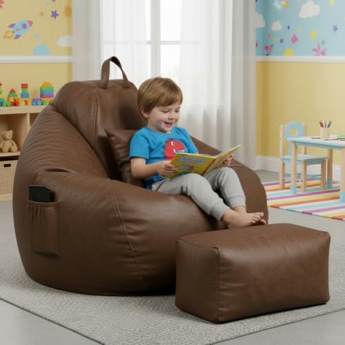 Image of KAM'S LIEU 5XL Premium Imported Suede Bean Bag Chair with Footrest & Cushion | Filled with High Density Polystyrene Beans | Premium Soft Fabric | Ready to Use Color- (Brown, 5XL)